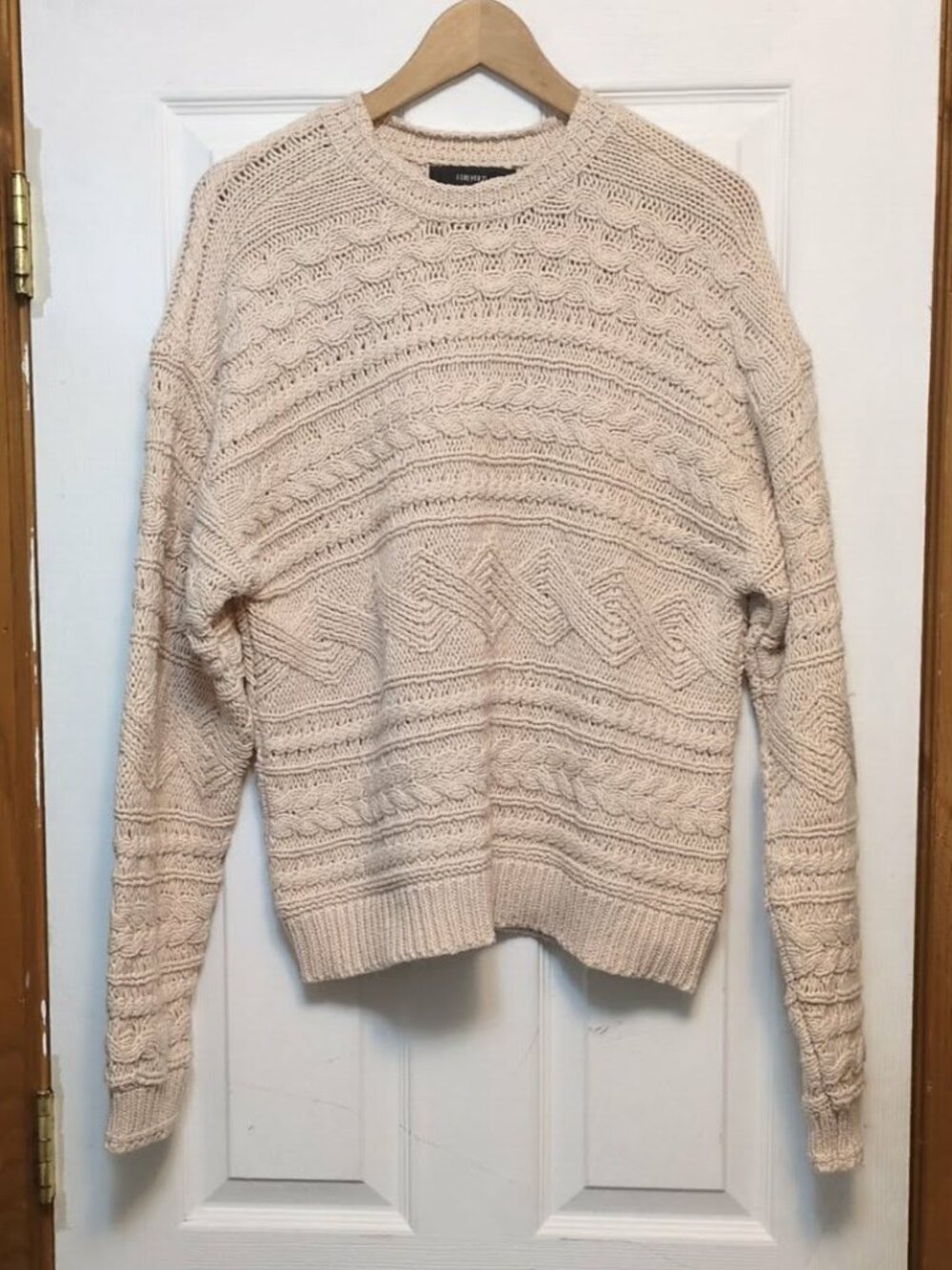 Forever 21 Size L Fisherman Sweater Rose Beige Chunky Mixed Cable Knit Pullover